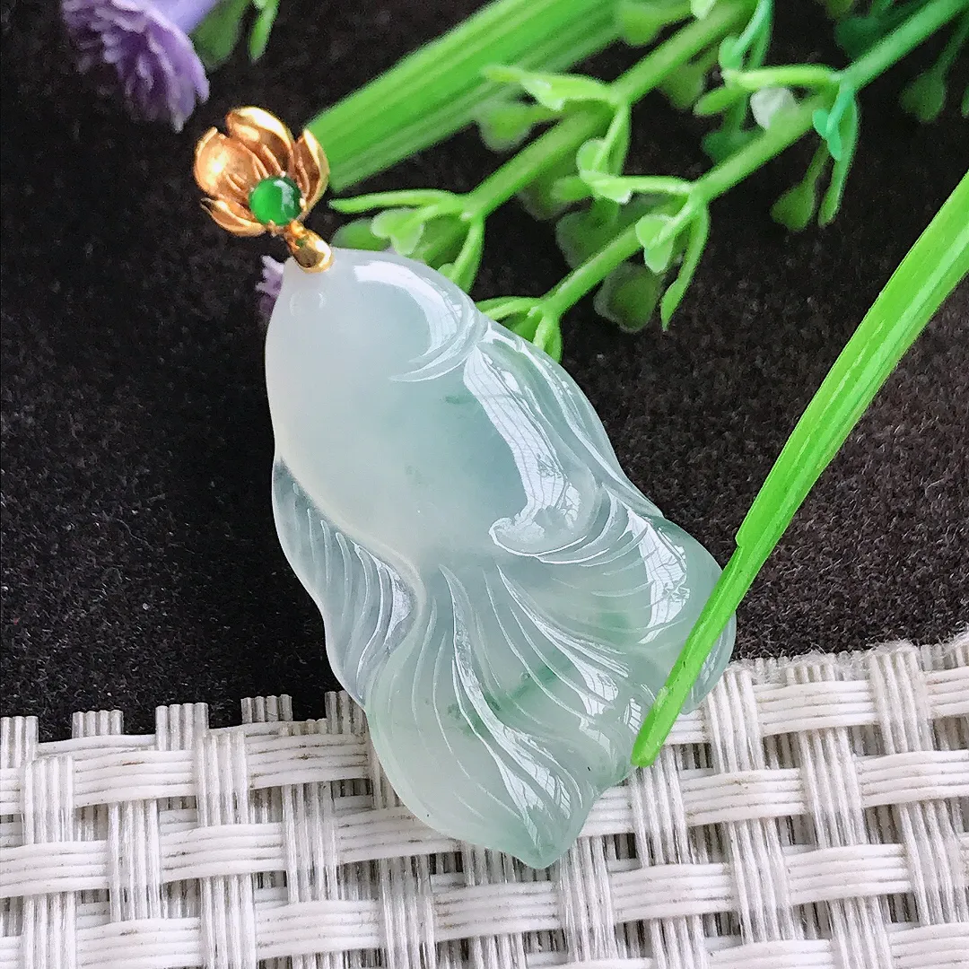 天然A货翡翠31/19.2/5老坑18k金镶嵌冰胶果冻冰晴金鱼吊坠翡翠挂件