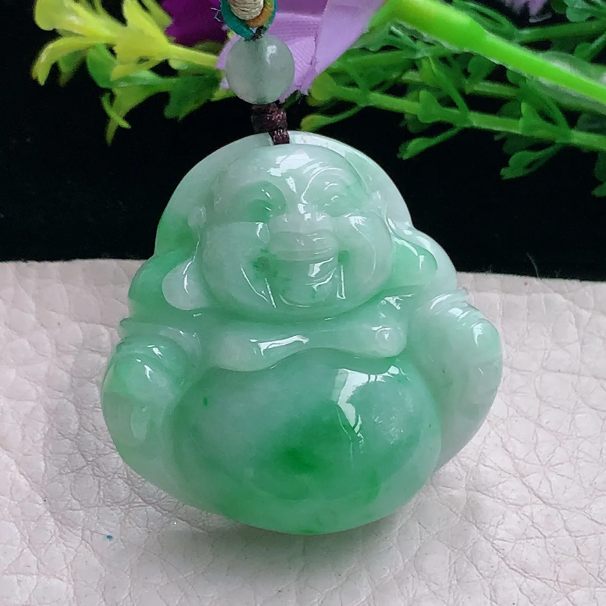 zen自然光38*38*11缅甸翡翠a货饱满飘绿佛公 弥勒佛玉吊坠 玉挂件
