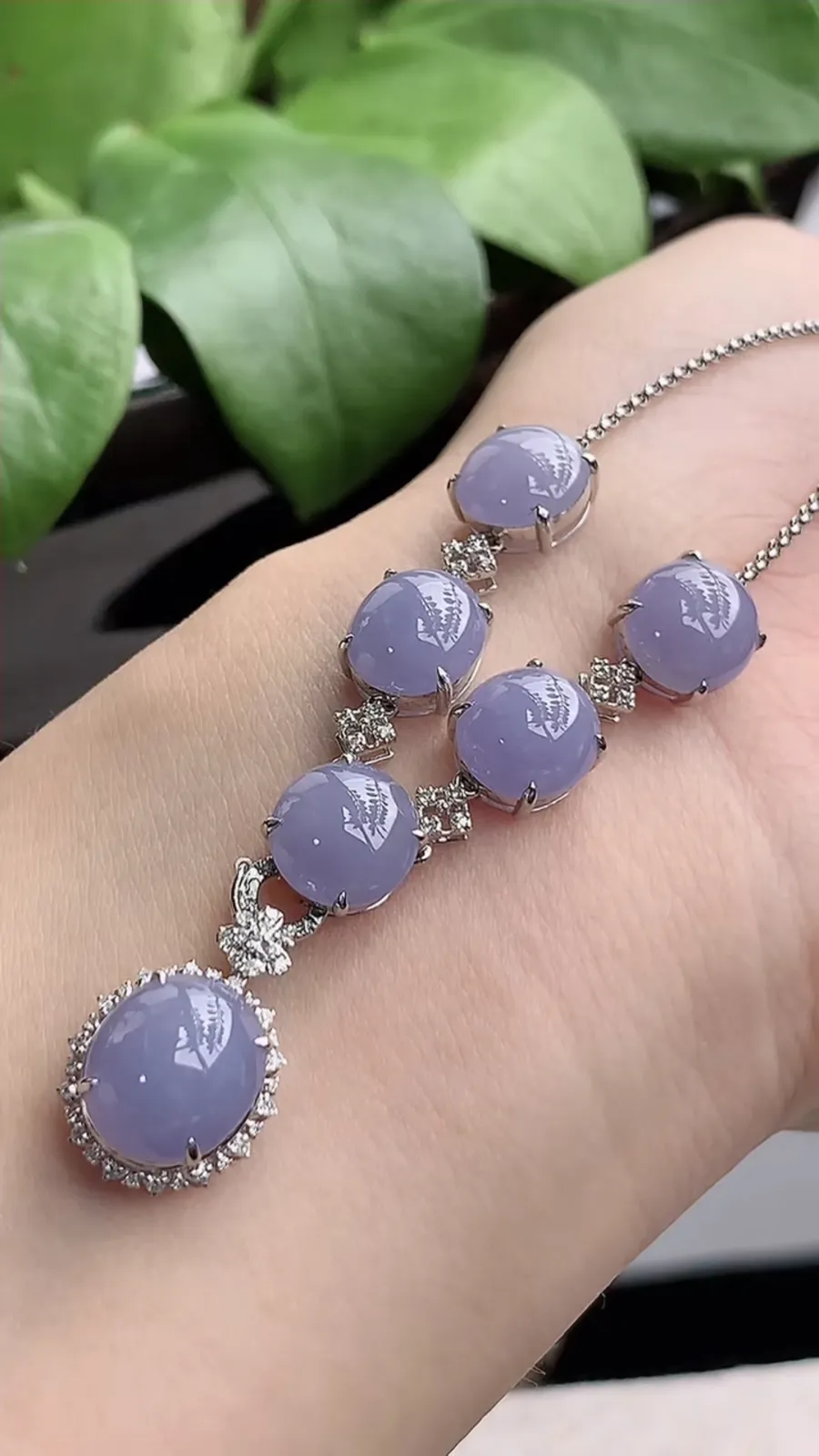 a货翡翠老坑冰种18K金伴钻镶嵌紫罗兰蛋面项链 尺寸10×9×9mm 重量8.85g 1209