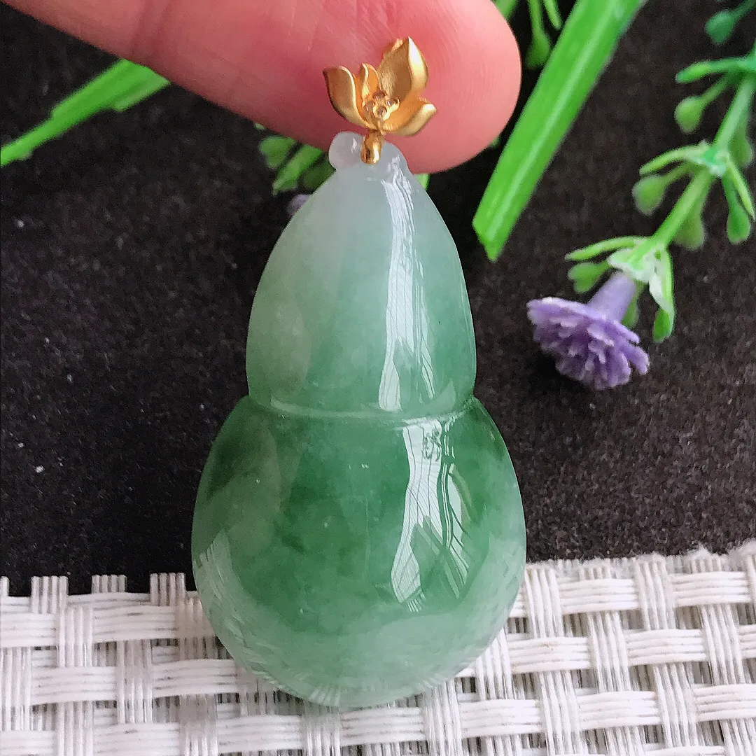 天然A货翡翠38.3/23/9老坑18k金镶嵌冰润飘花葫芦吊坠翡翠挂件