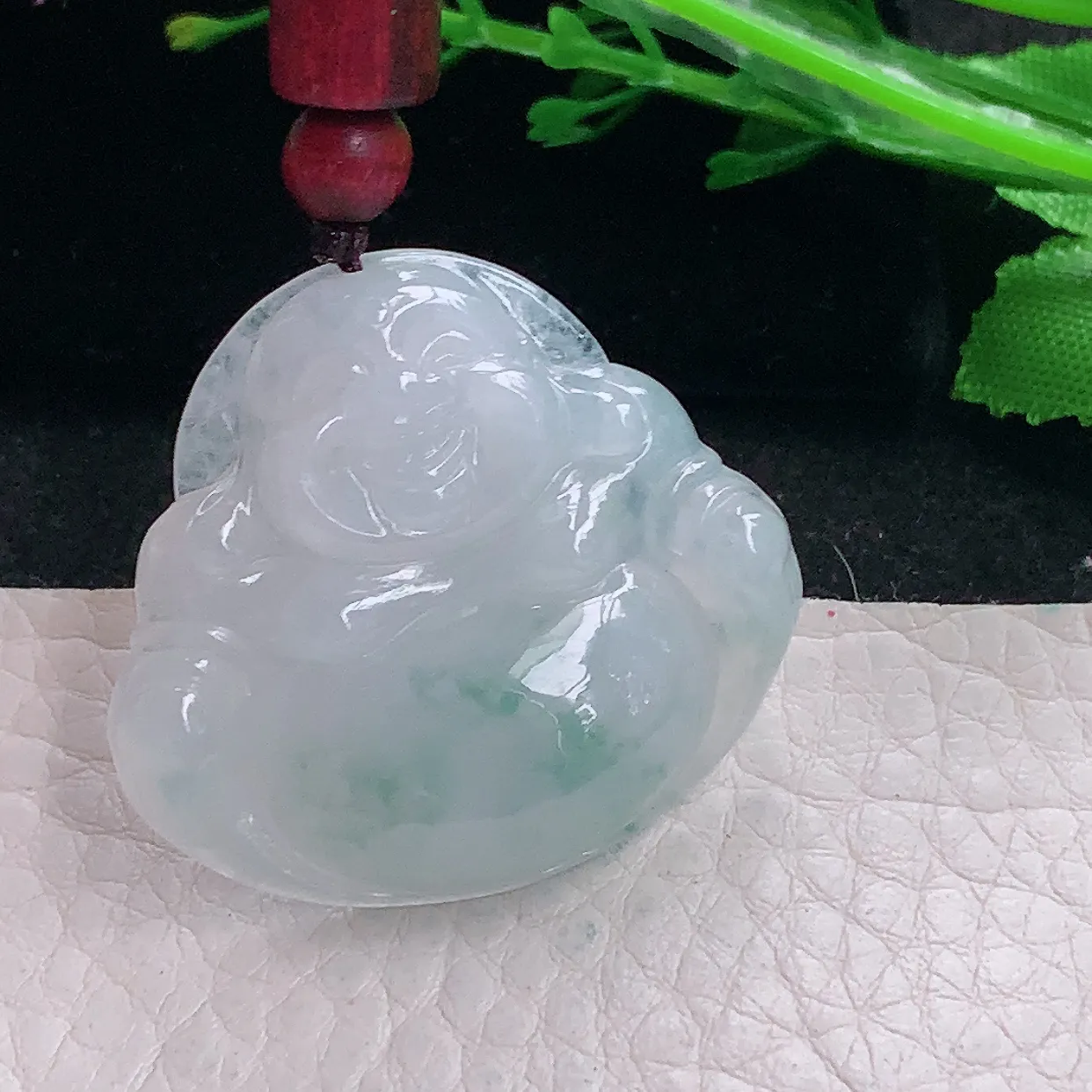zen自然光31.3*35.8*6.6缅甸翡翠a货饱满冰飘花佛公 弥勒佛玉吊坠 玉挂件