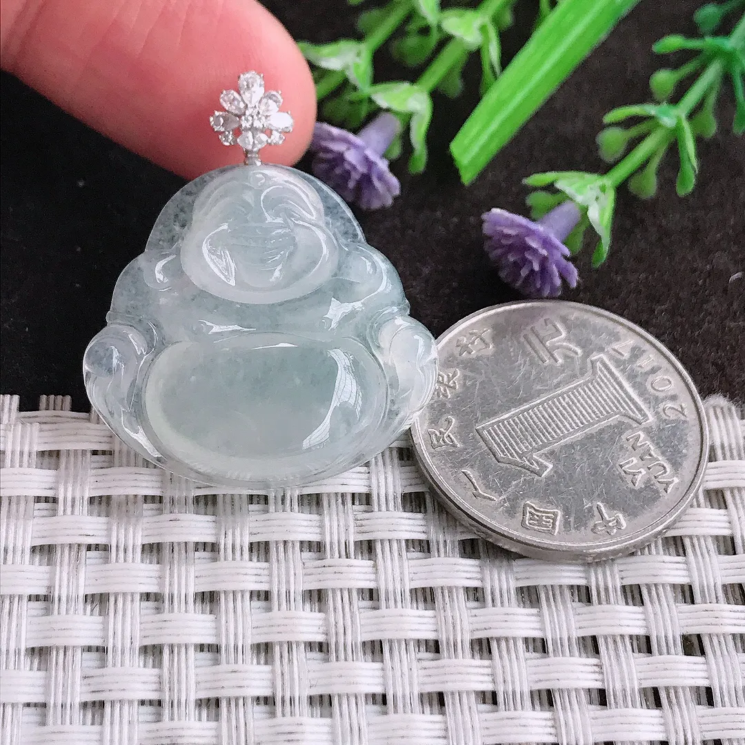 天然A货翡翠26/28.2/5.8老坑18k金镶嵌冰种佛公吊坠翡翠玉佛挂件