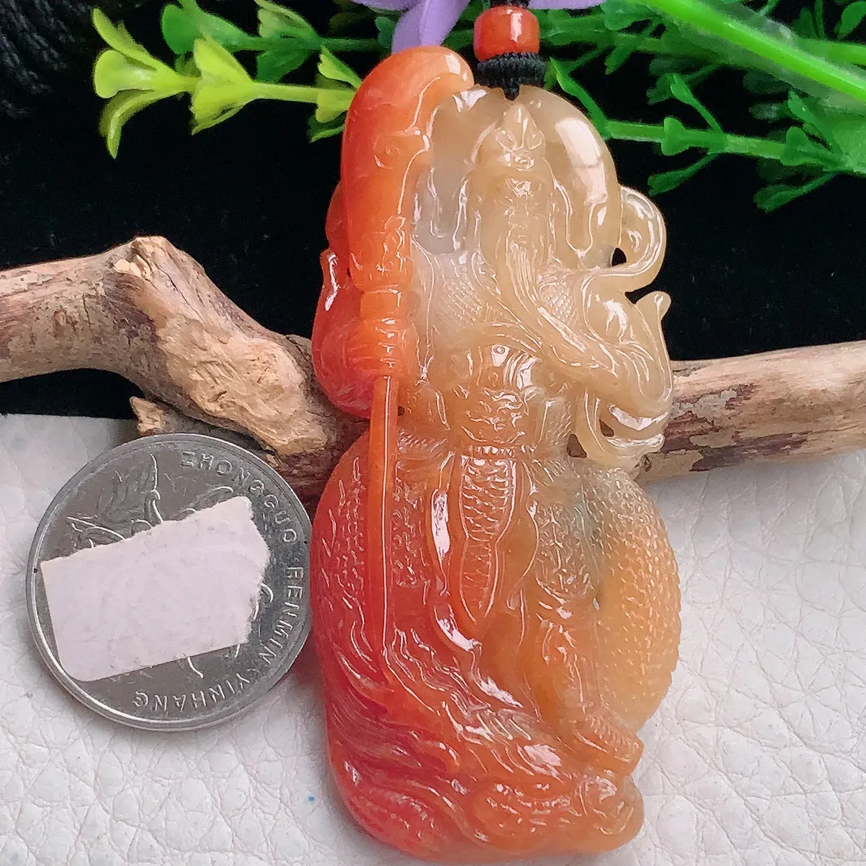 mut自然光68.5*30.5*10天然缅甸翡翠红翡持刀关公 玉关公玉吊坠 玉挂件