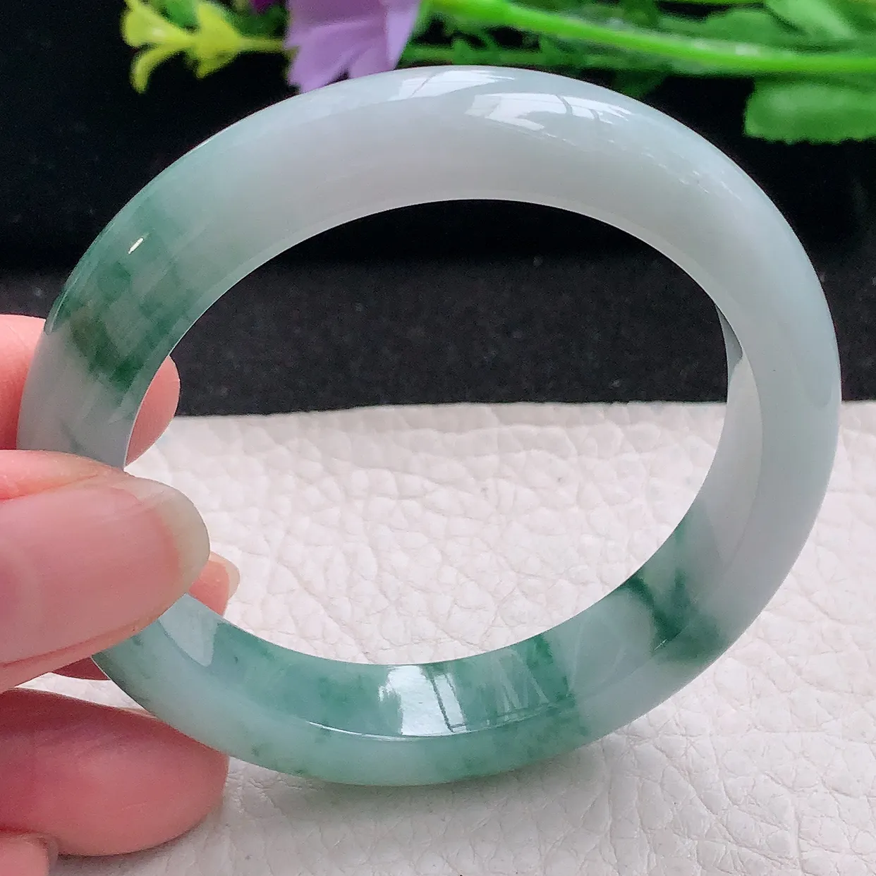 z自然光53*11.3*8.2平安镯 翡翠a货玉手镯冰飘花秀气宽边珠宝玉手环