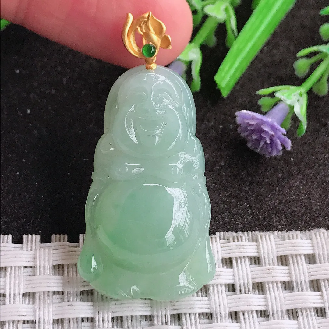 天然A货翡翠34/19.7/7.6老坑18k金镶嵌冰胶冰晴绿佛公吊坠翡翠挂件