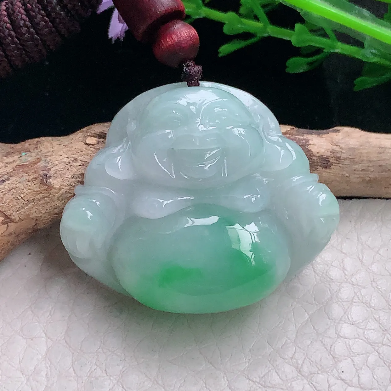 zen自然光30.8*37.5*12.3缅甸翡翠a货饱满飘绿佛公 弥勒佛玉吊坠 玉挂件