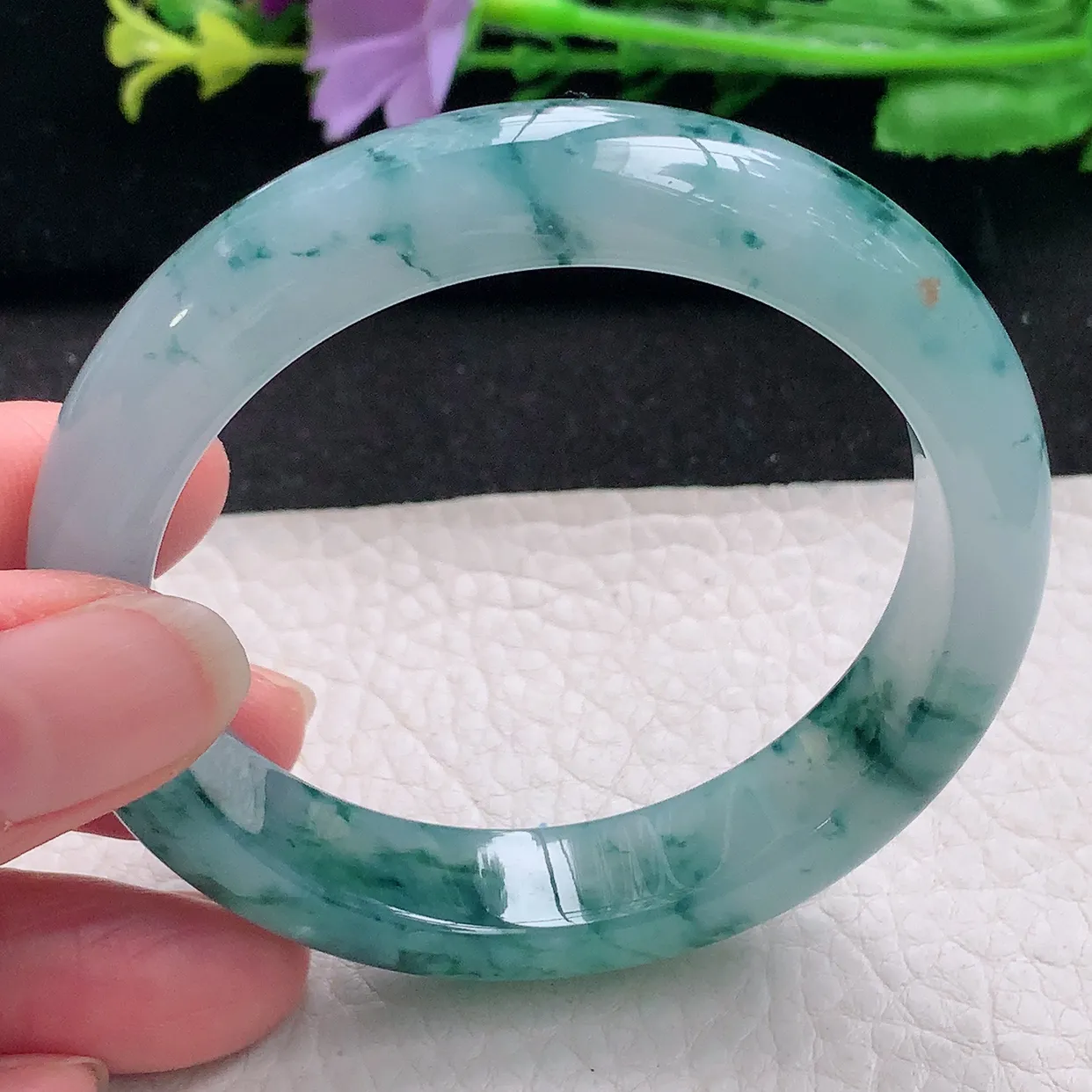 cc自然光54.5*12.3*8.2平安镯 翡翠a货玉手镯冰飘蓝花宽边珠宝玉手环