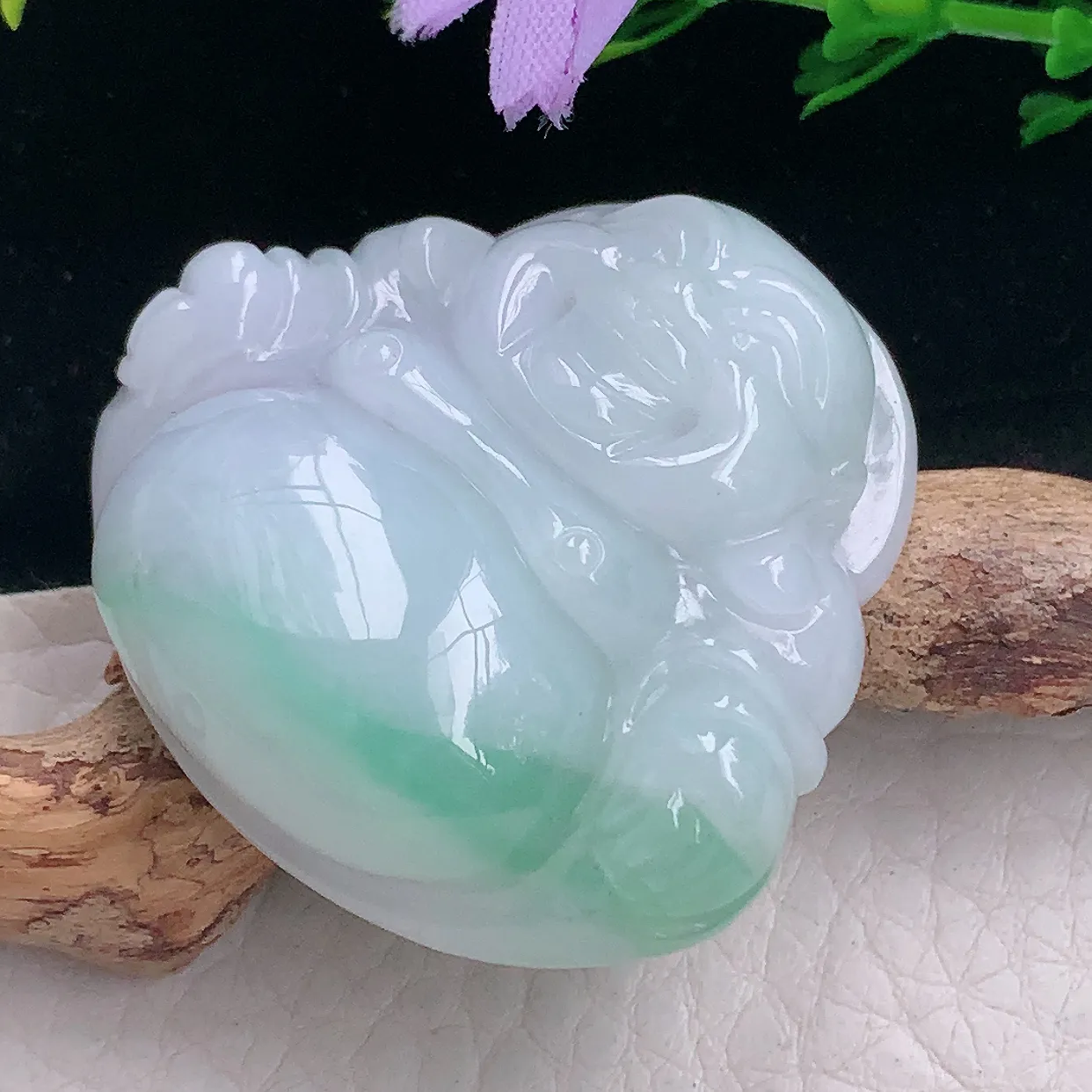 zen自然光38*39.8*12.3缅甸翡翠a货饱满飘花佛公 弥勒佛玉吊坠 玉挂件