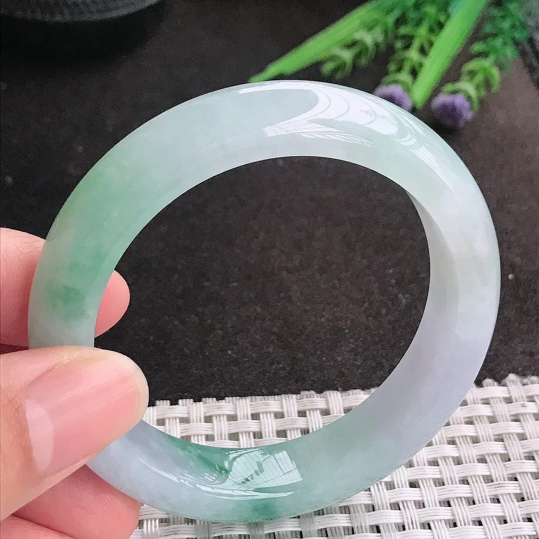 天然A货翡翠53/12.7/8.8老坑冰润起胶飘花手镯宽边玉镯