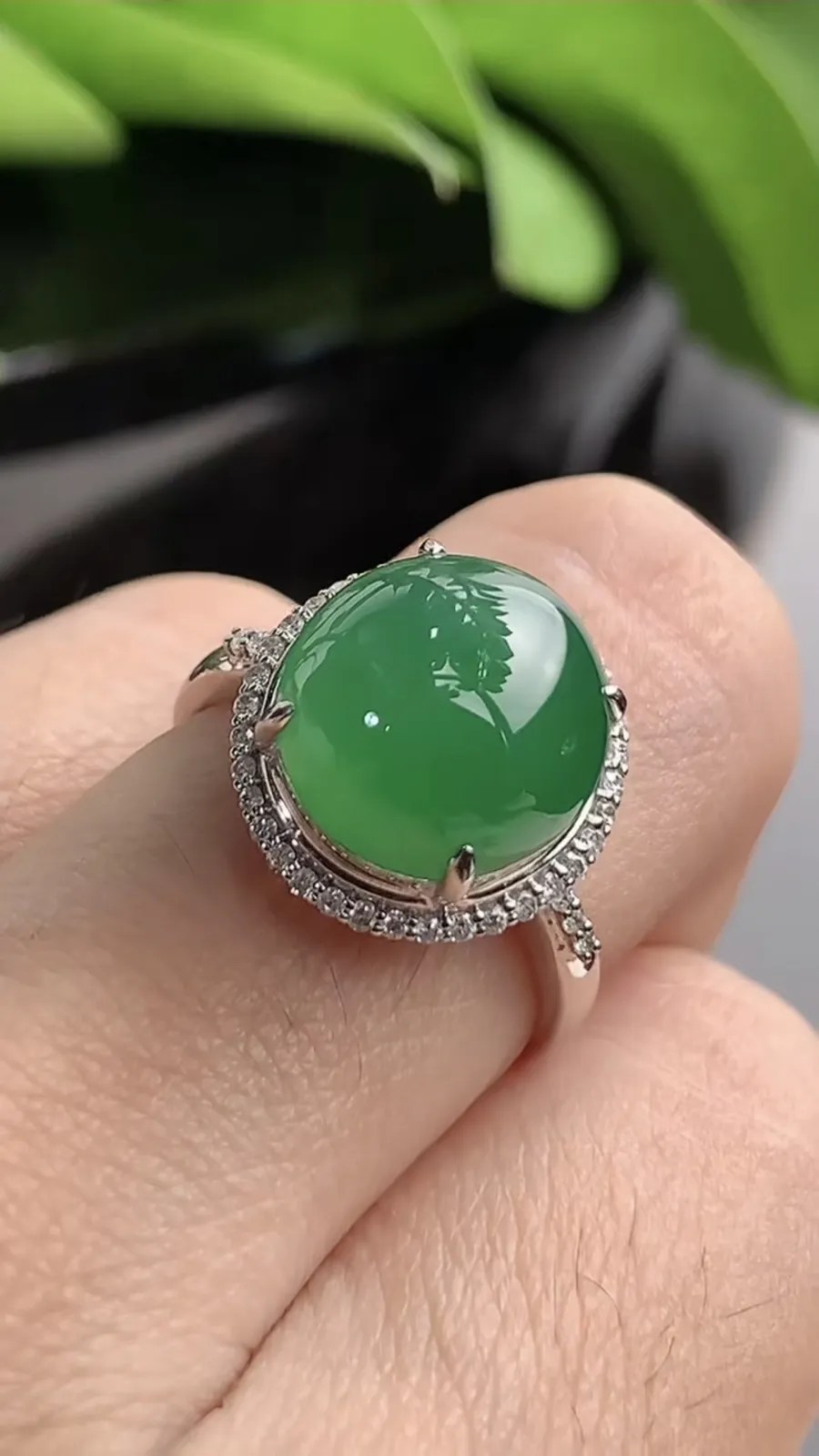 a货翡翠老坑冰种18K金伴钻镶嵌满绿蛋面戒指 圈口17.4裸石尺寸11.2×10.8mm 重量4.05g 1208