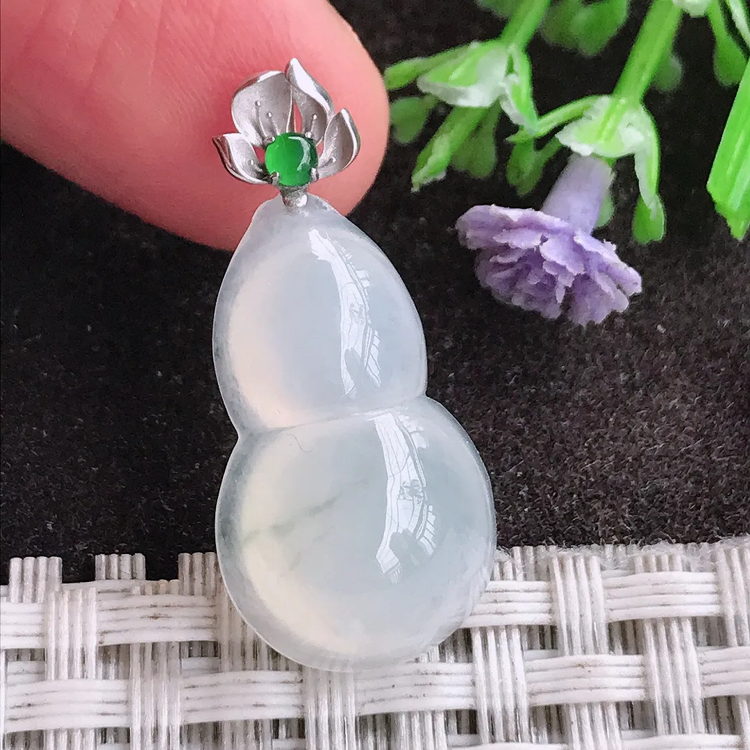 天然A货翡翠22.5/13.9/7老坑18k金镶嵌冰种起光葫芦吊坠翡翠挂件