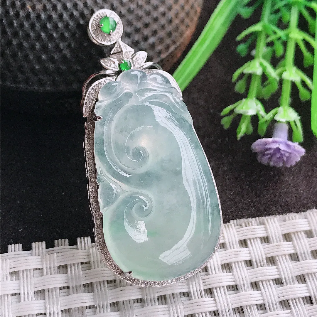 天然A货翡翠49/23/9老坑18k金镶嵌冰种起胶如意吊坠翡翠玉如意挂件