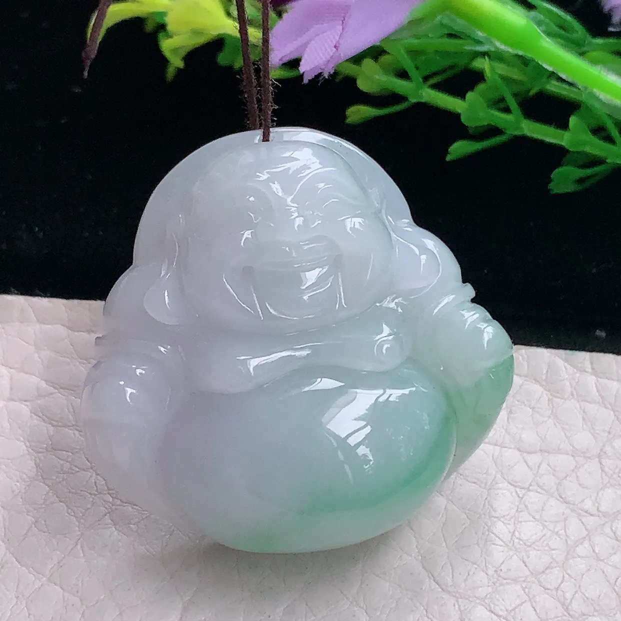 zen自然光38*39.8*12.3缅甸翡翠a货饱满飘花佛公 弥勒佛玉吊坠 玉挂件