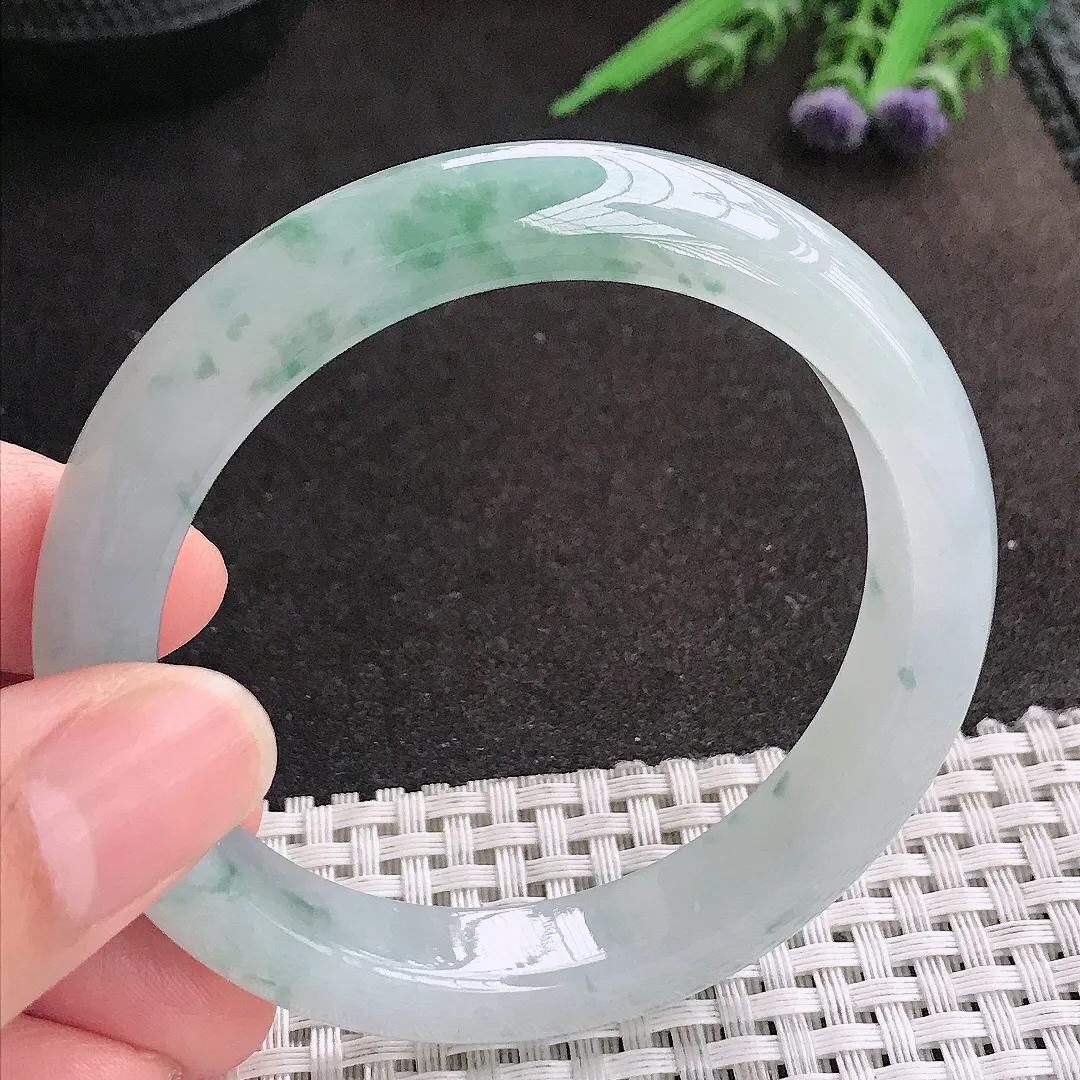 天然A货翡翠55.5/11.1/8.4老坑冰胶果冻飘花手镯宽边玉镯