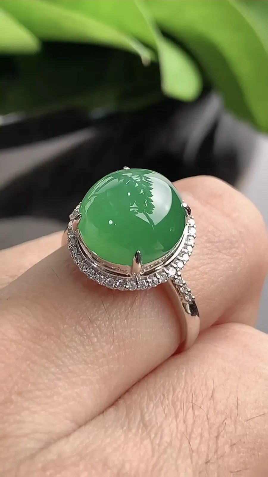 a货翡翠老坑冰种18K金伴钻镶嵌满绿蛋面戒指 圈口17.4裸石尺寸11.2×10.8mm 重量4.05g 1208