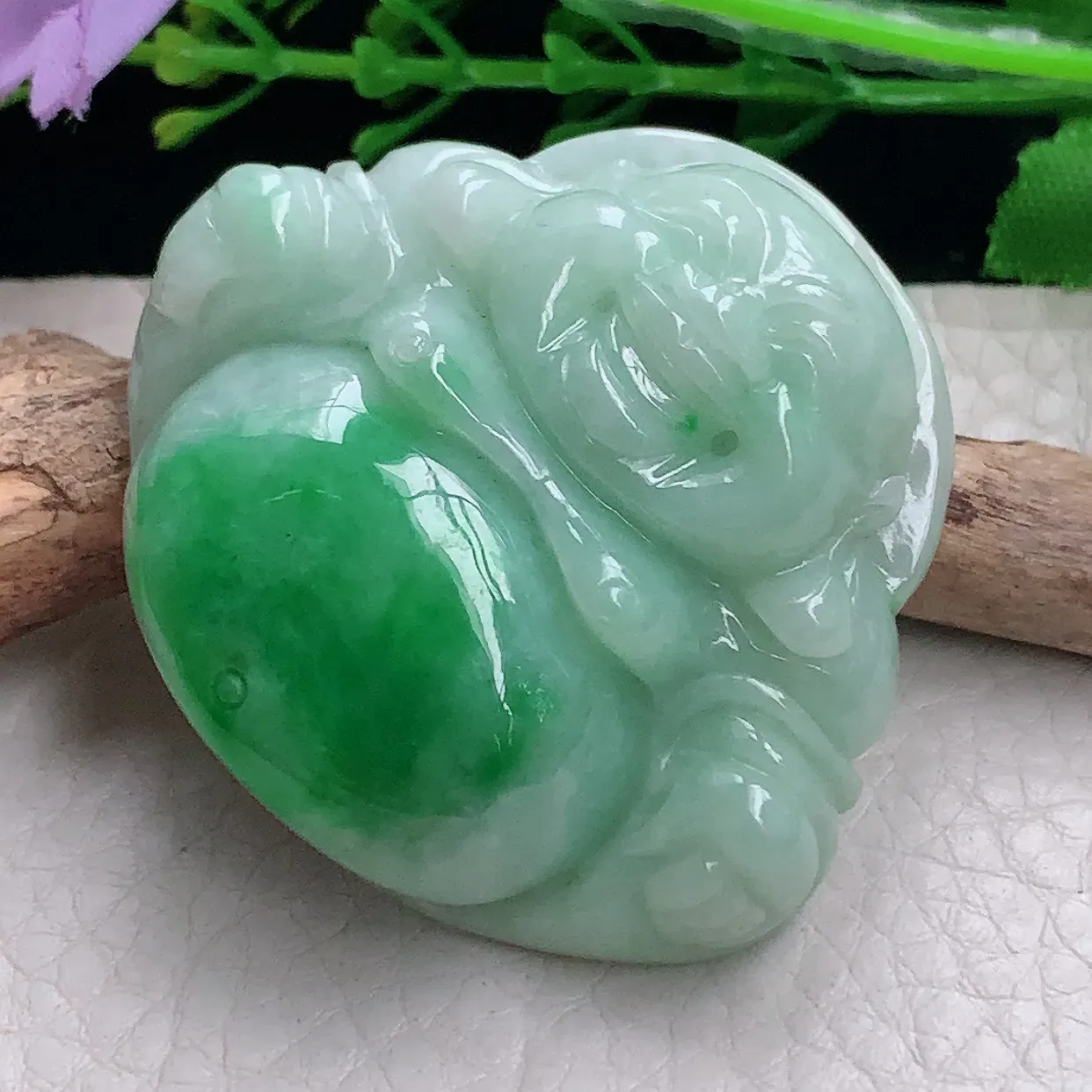 zen自然光41*46*13缅甸翡翠a货饱满辣绿佛公 弥勒佛玉吊坠 玉挂件