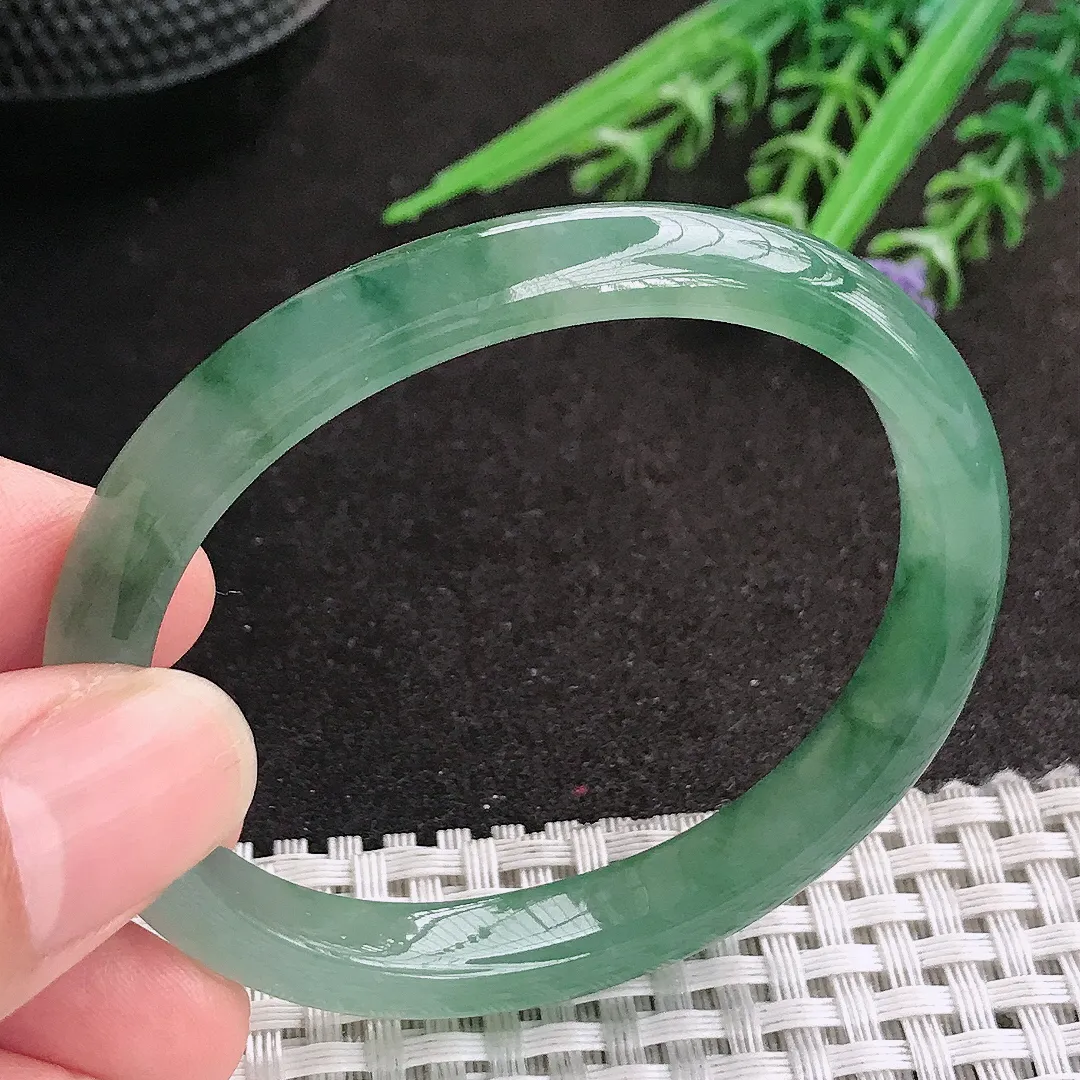 天然A货翡翠53/45.5/8.6/6.3老坑冰胶水灵飘花贵妃手镯玉镯