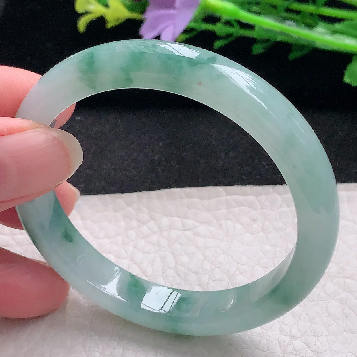 n自然光54*10.3*7.3平安镯 翡翠a货玉手镯冰飘花秀气宽边珠宝玉手环