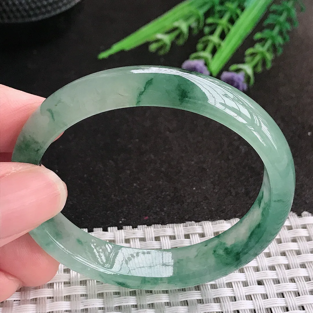 天然A货翡翠53/46/12.4/6.6老坑冰透果冻胶冰飘花贵妃手镯宽边玉镯