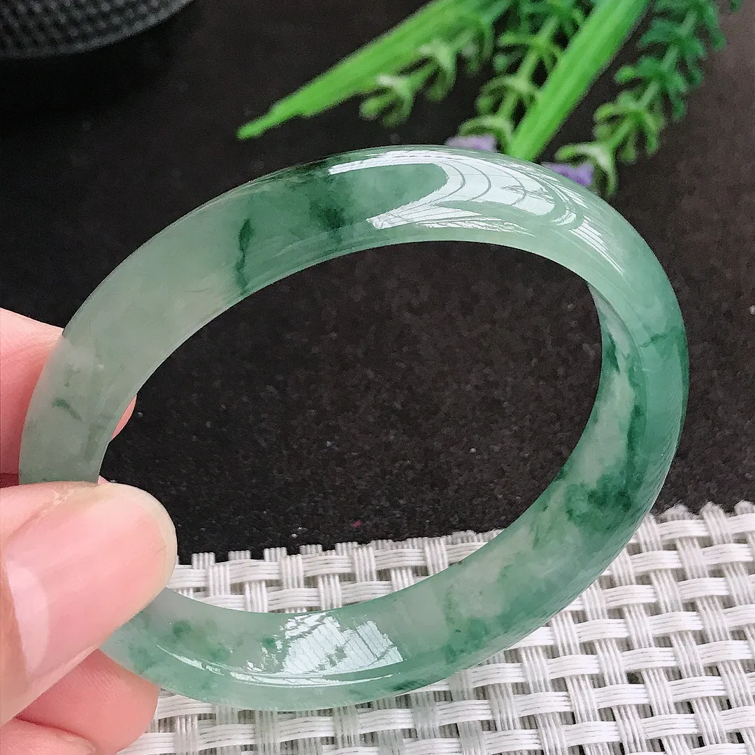 天然A货翡翠53/46/12.4/6.6老坑冰透果冻胶冰飘花贵妃手镯宽边玉镯