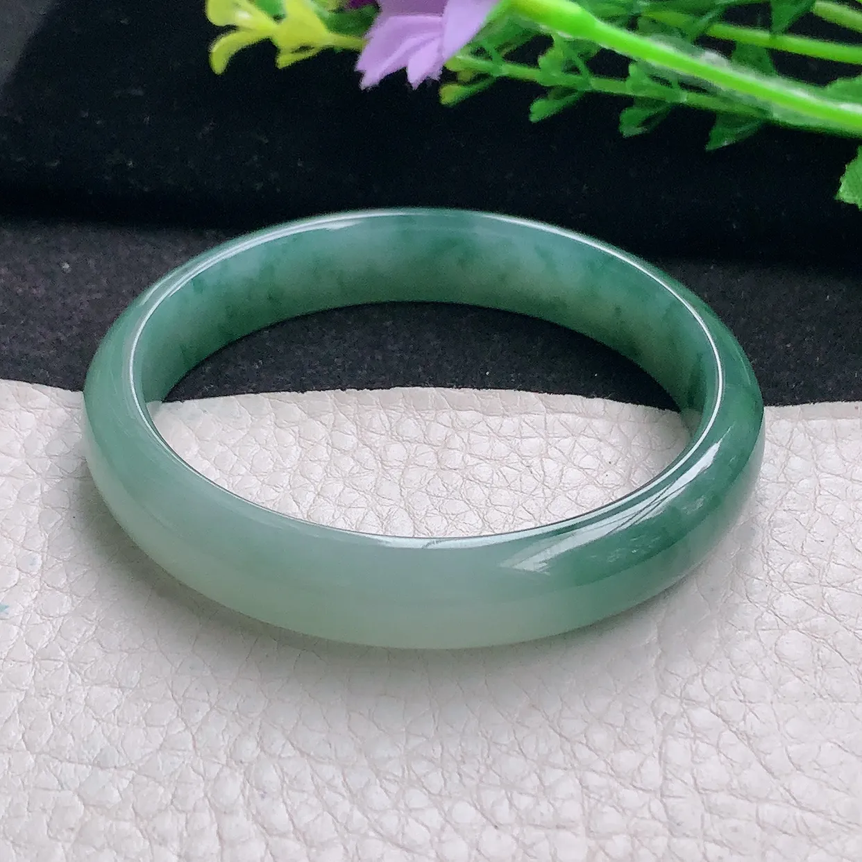 n自然光55*11.2*7.3平安镯 翡翠a货玉手镯冰飘花宽边珠宝玉手环