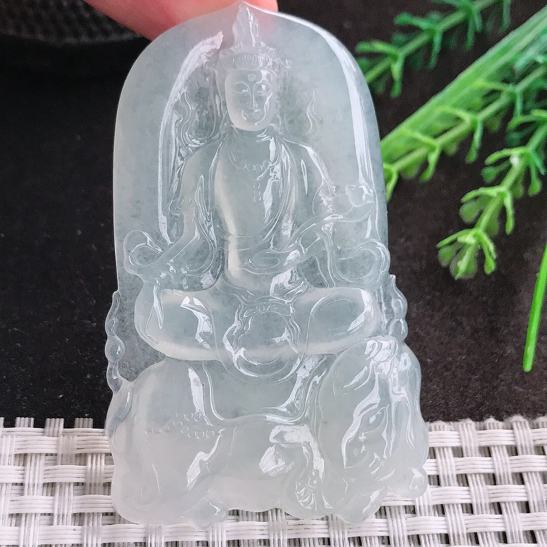 天然A货翡翠70/43.6/5.9老坑冰种起胶冰纯普贤菩萨吊坠翡翠挂件