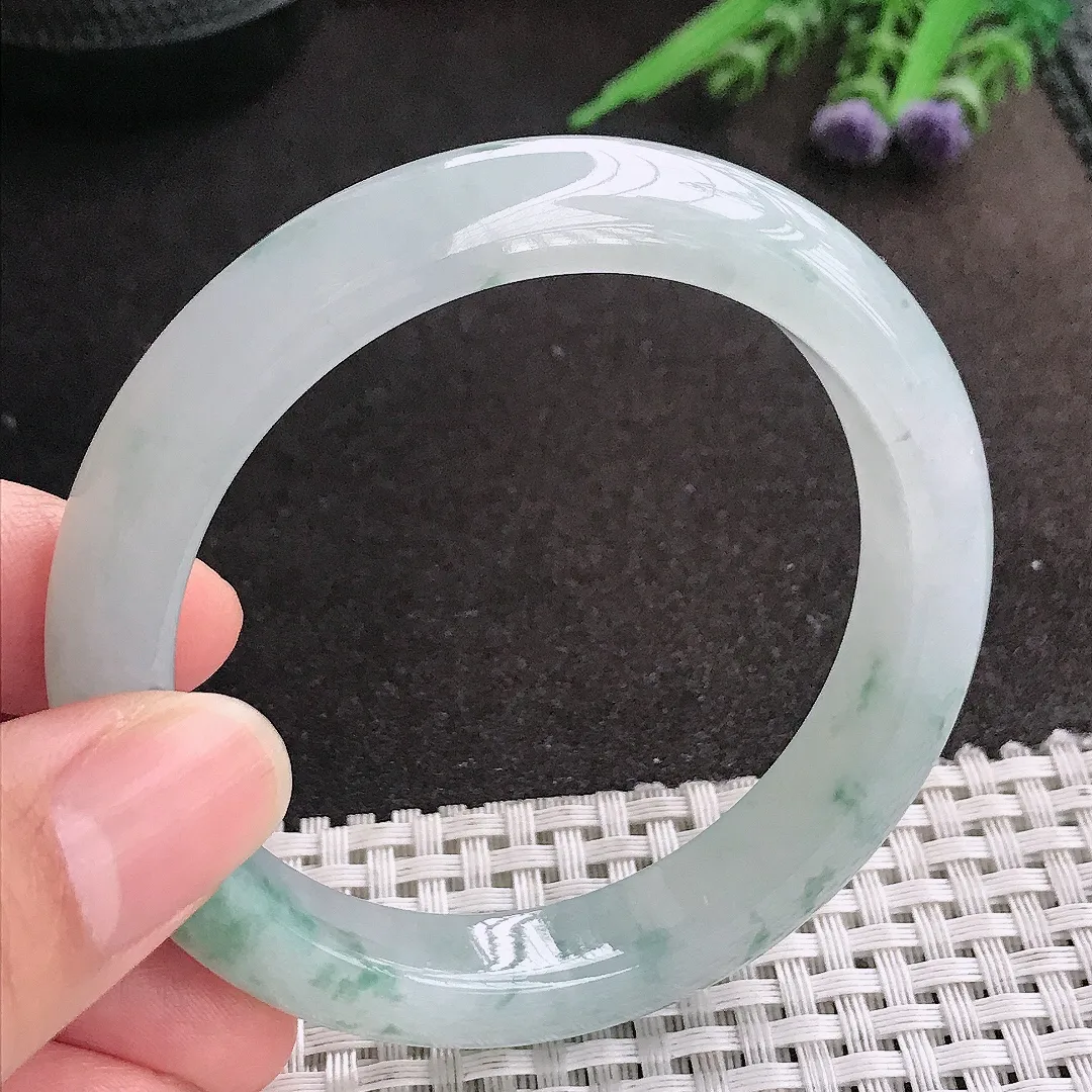 天然A货翡翠55.5/11.1/8.4老坑冰胶果冻飘花手镯宽边玉镯