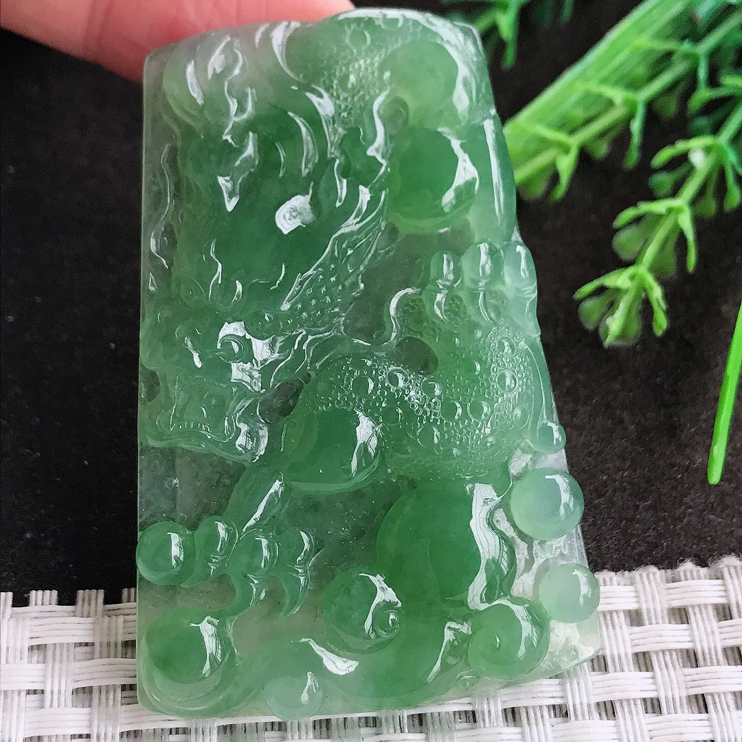 天然A货翡翠61/40.7/5.9老坑冰胶果冻冰晴满绿龙牌吊坠翡翠挂件