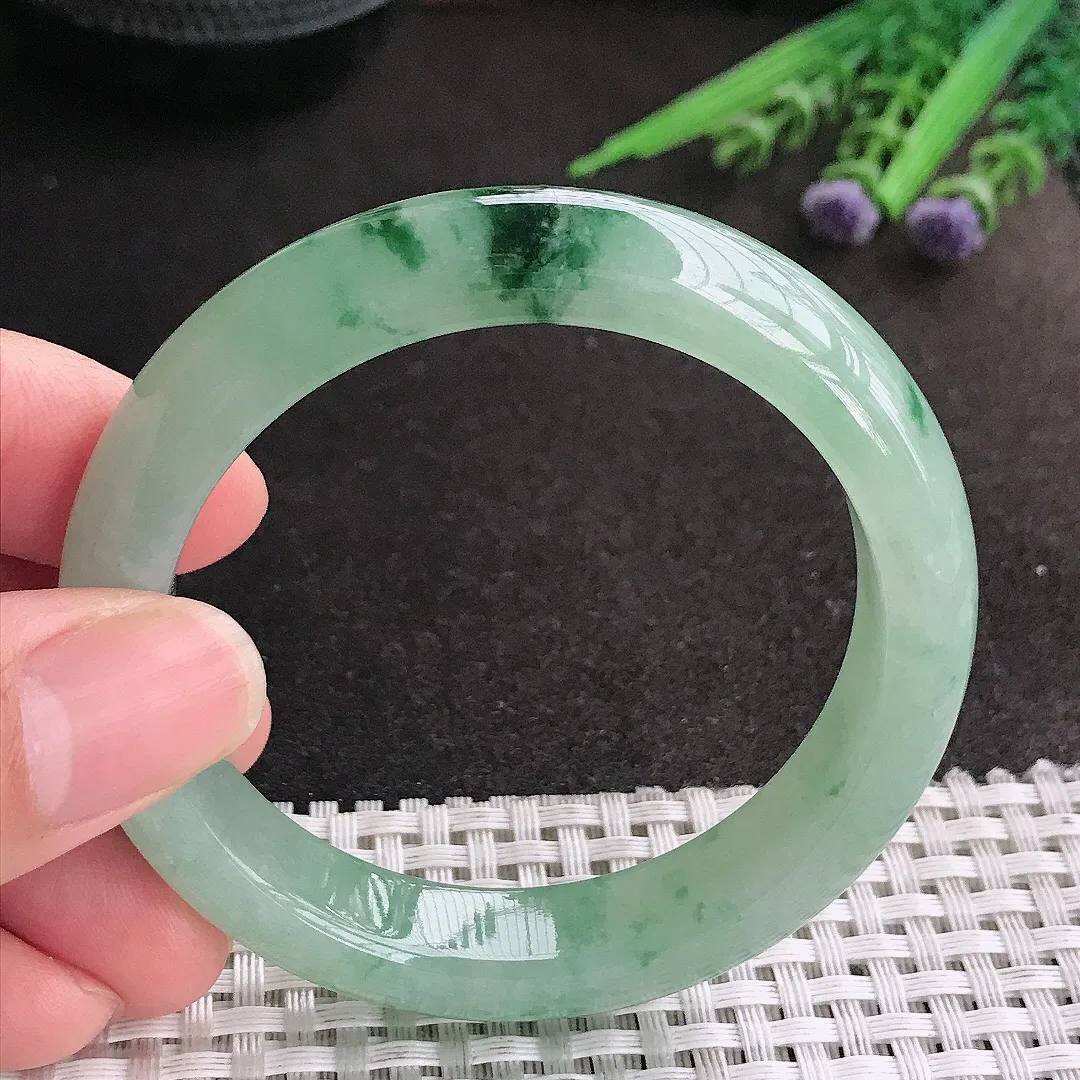 天然A货翡翠53/12.1/8.4老坑冰润起胶冰晴飘花手镯宽边玉镯