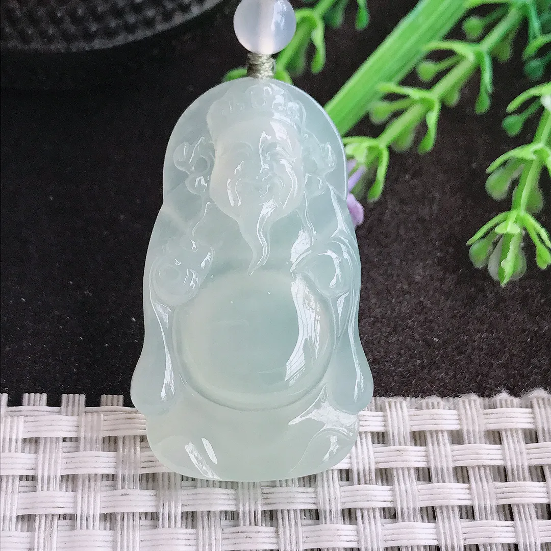 天然A货翡翠41.8/25/5.9老坑冰纯果冻胶冰晴财神爷吊坠翡翠挂件