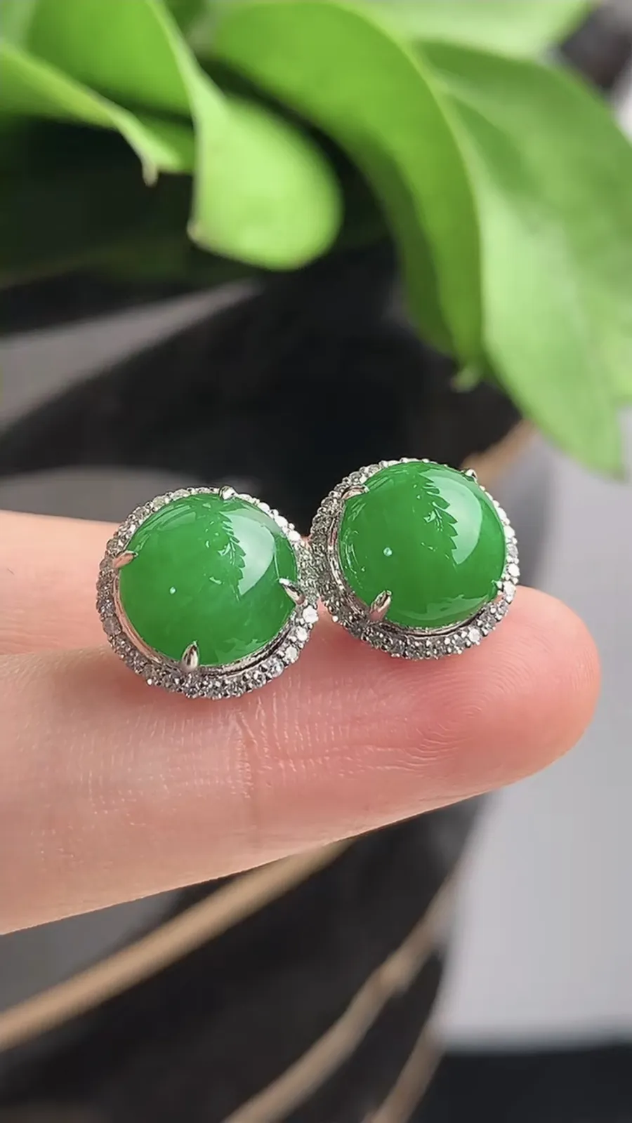 a货翡翠老坑冰种18K金伴钻镶嵌阳绿蛋面耳钉 尺寸9mm 重量3.40g 1208
