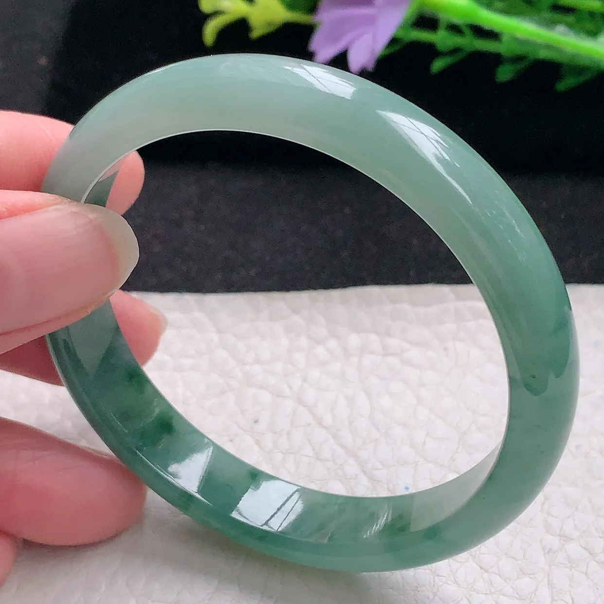 n自然光55*11.2*7.3平安镯 翡翠a货玉手镯冰飘花宽边珠宝玉手环