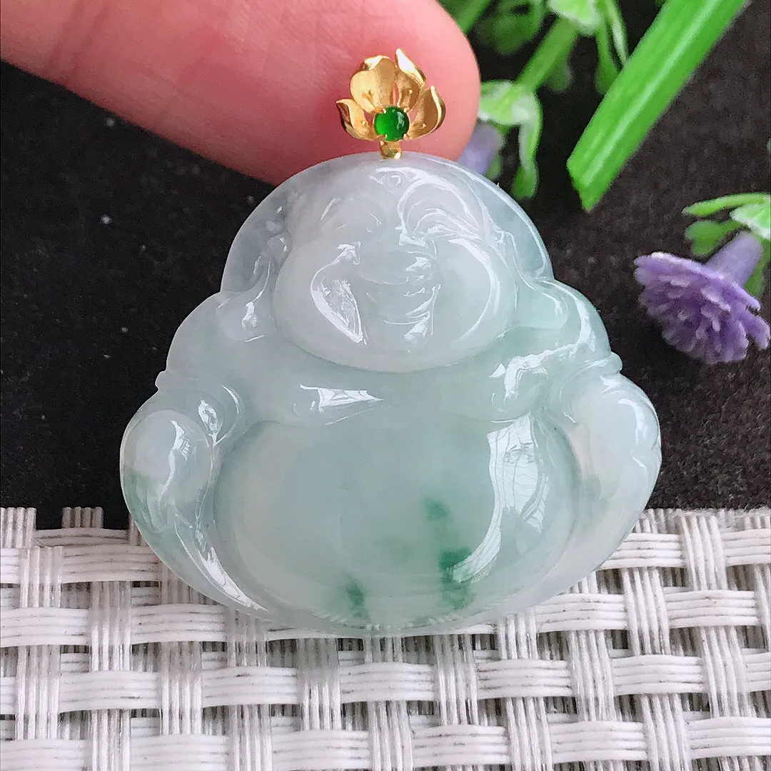 天然A货翡翠29.5/33/5.8老坑18k金镶嵌秀气冰润飘花佛公吊坠翡翠玉佛挂件