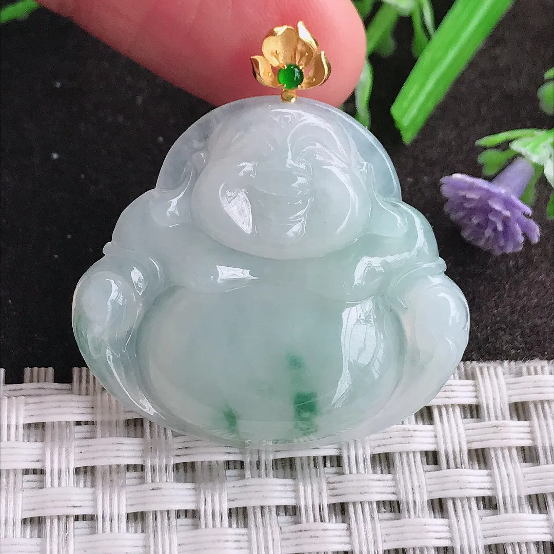 天然A货翡翠29.5/33/5.8老坑18k金镶嵌秀气冰润飘花佛公吊坠翡翠玉佛挂件