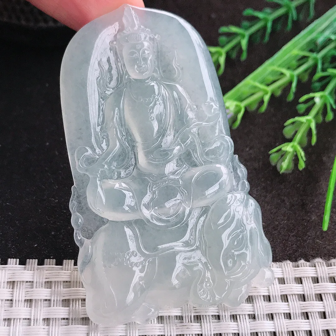 天然A货翡翠70/43.6/5.9老坑冰种起胶冰纯普贤菩萨吊坠翡翠挂件