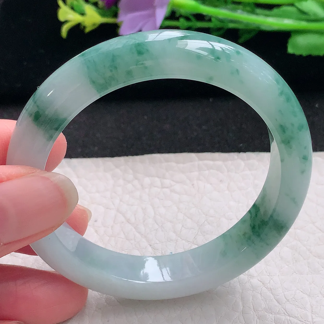 z自然光53*11.3*8.2平安镯 翡翠a货玉手镯冰飘花秀气宽边珠宝玉手环