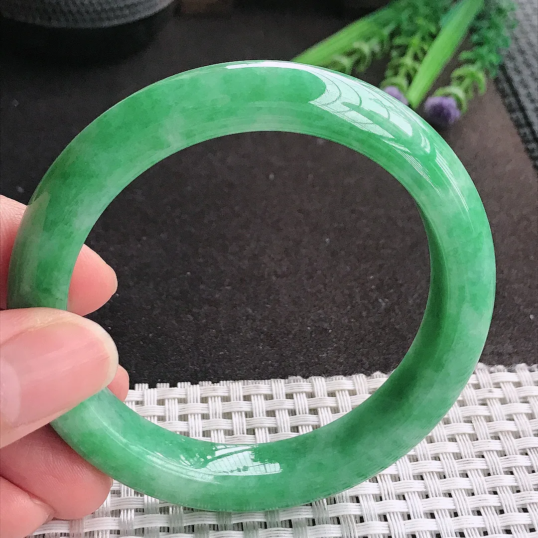 天然A货翡翠58.5/11.8/9.2老坑精美温润满绿手镯宽边玉镯