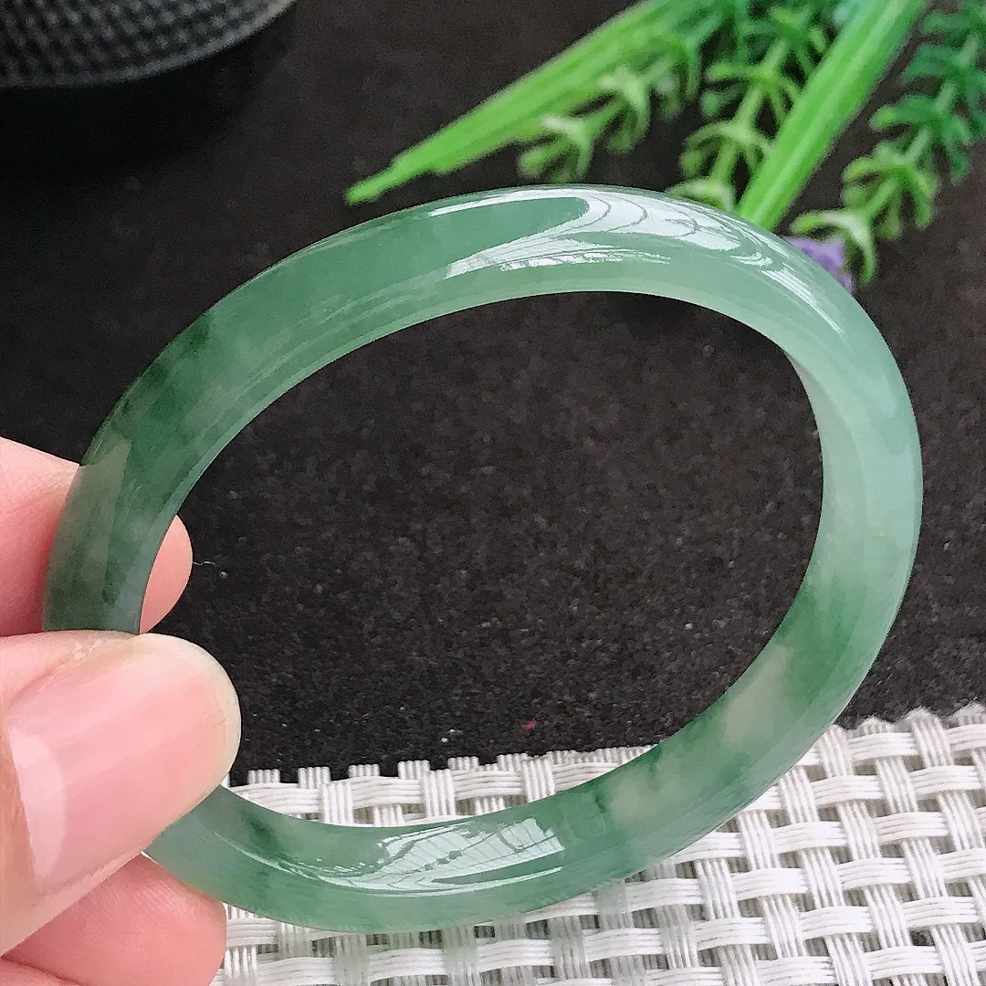 天然A货翡翠53/45.5/8.6/6.3老坑冰胶水灵飘花贵妃手镯玉镯