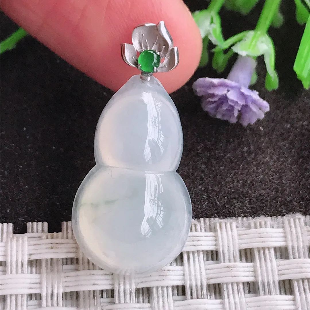 天然A货翡翠22.5/13.9/7老坑18k金镶嵌冰种起光葫芦吊坠翡翠挂件