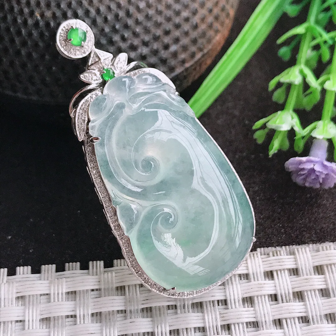 天然A货翡翠49/23/9老坑18k金镶嵌冰种起胶如意吊坠翡翠玉如意挂件