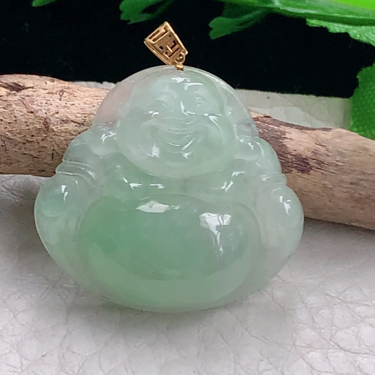 ws自然光25.6*27.8*6.6天然缅甸翡翠冰甜绿佛公 开心佛玉吊坠 玉挂件