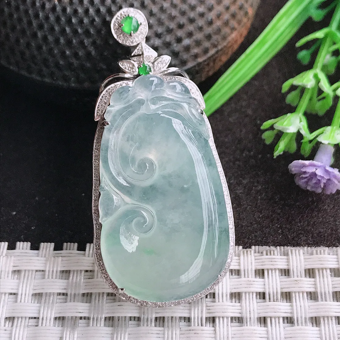 天然A货翡翠49/23/9老坑18k金镶嵌冰种起胶如意吊坠翡翠玉如意挂件