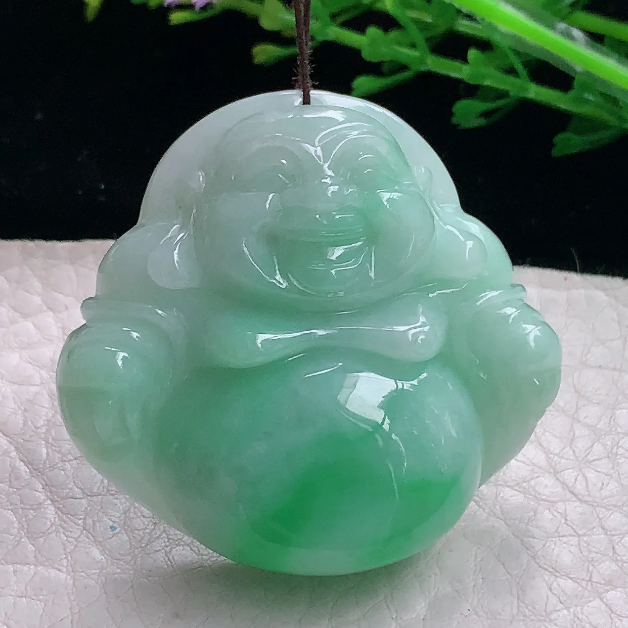 zen自然光40.5*43.6*12缅甸翡翠a货饱满飘绿佛公 开心佛玉吊坠 玉挂件