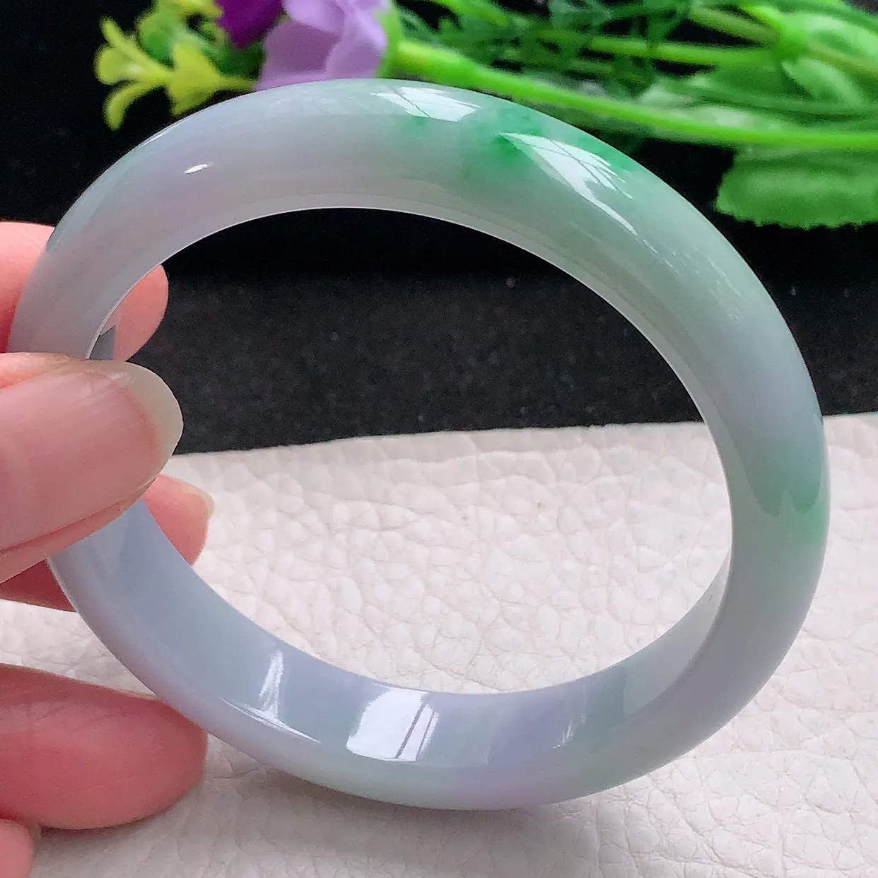 xx自然光56.5*12.3*7.5平安镯 翡翠a货玉手镯春带彩宽边珠宝玉手环