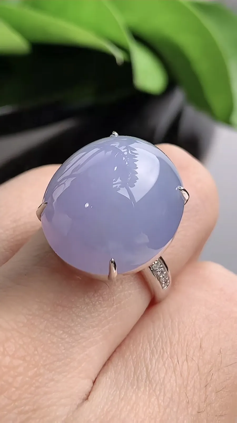 a货翡翠老坑冰种18K金伴钻镶嵌紫罗兰蛋面戒指 圈口17.8裸石尺寸18.4×16.2mm 重量8.77g 1208