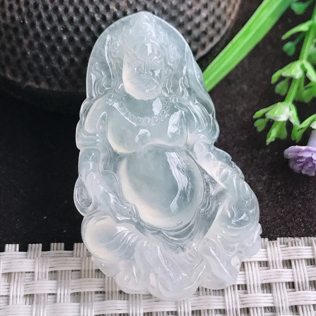 天然A货翡翠49.9/30.8/6老坑冰种果冻胶白冰黄财神吊坠翡翠挂件