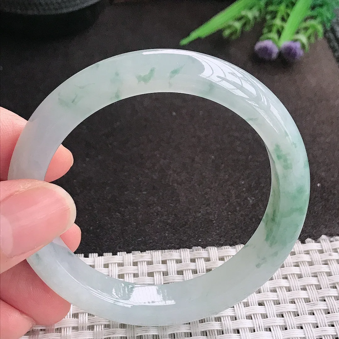 天然A货翡翠55.5/11.1/8.4老坑冰胶果冻飘花手镯宽边玉镯