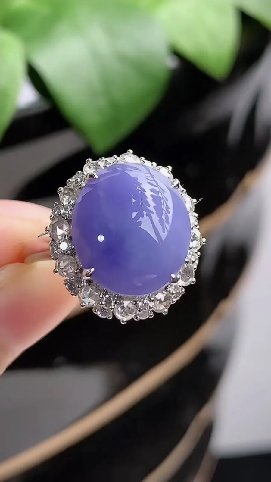 a货翡翠老坑种18K金伴钻镶嵌紫罗兰蛋面戒指 圈口17.4裸石尺寸13.4×12mm 重量6.28g 1207