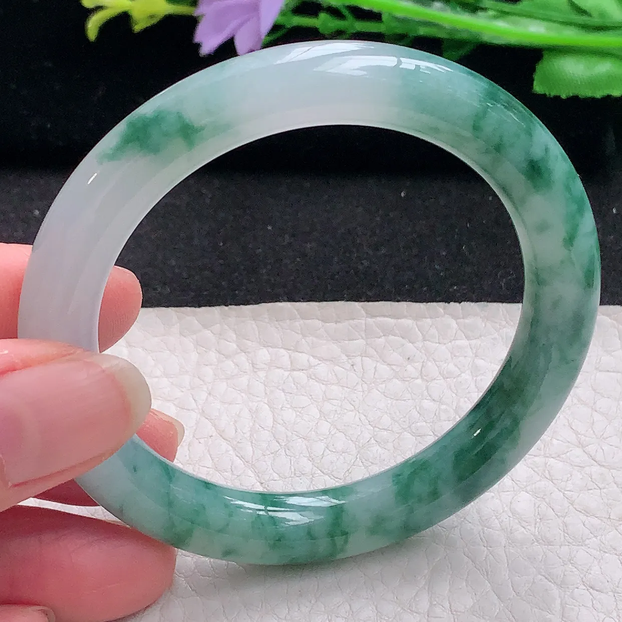 cc自然光53*9*9.2美人镯 翡翠a货玉手镯冰飘花圆条珠宝玉手环