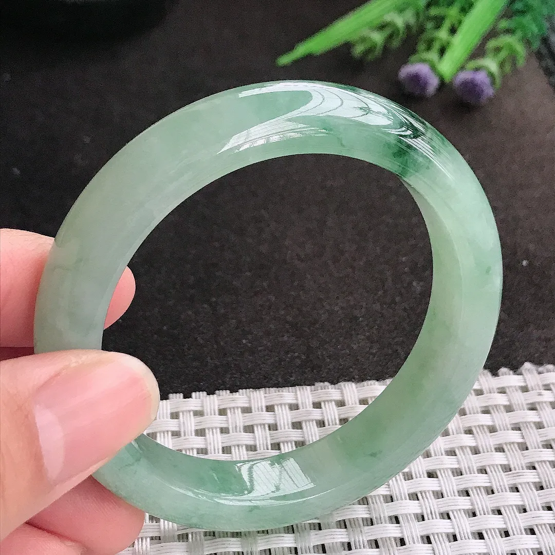 天然A货翡翠53/12.1/8.4老坑冰润起胶冰晴飘花手镯宽边玉镯